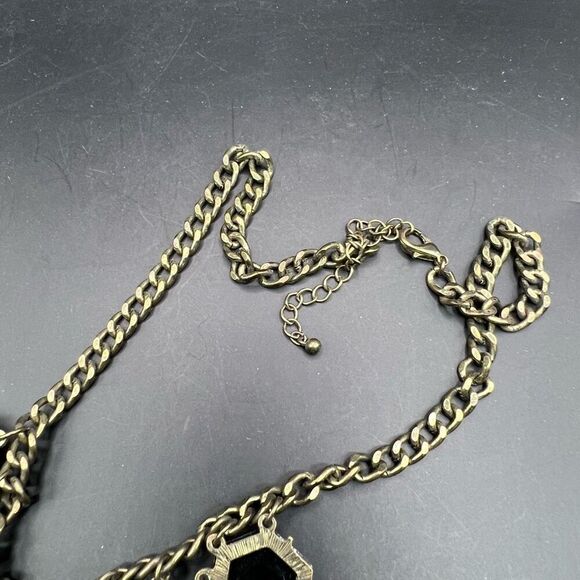 Chunky Floral Statement Necklace Rhinestone Metal Multicolored Gold Tone Chain - Picture 7 of 8